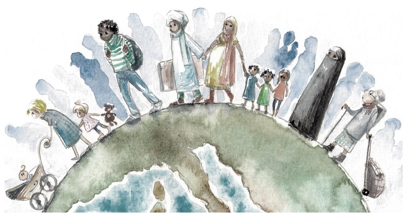 Watercolor image of people of many cultures, races, and ages standing around the surface of a globe